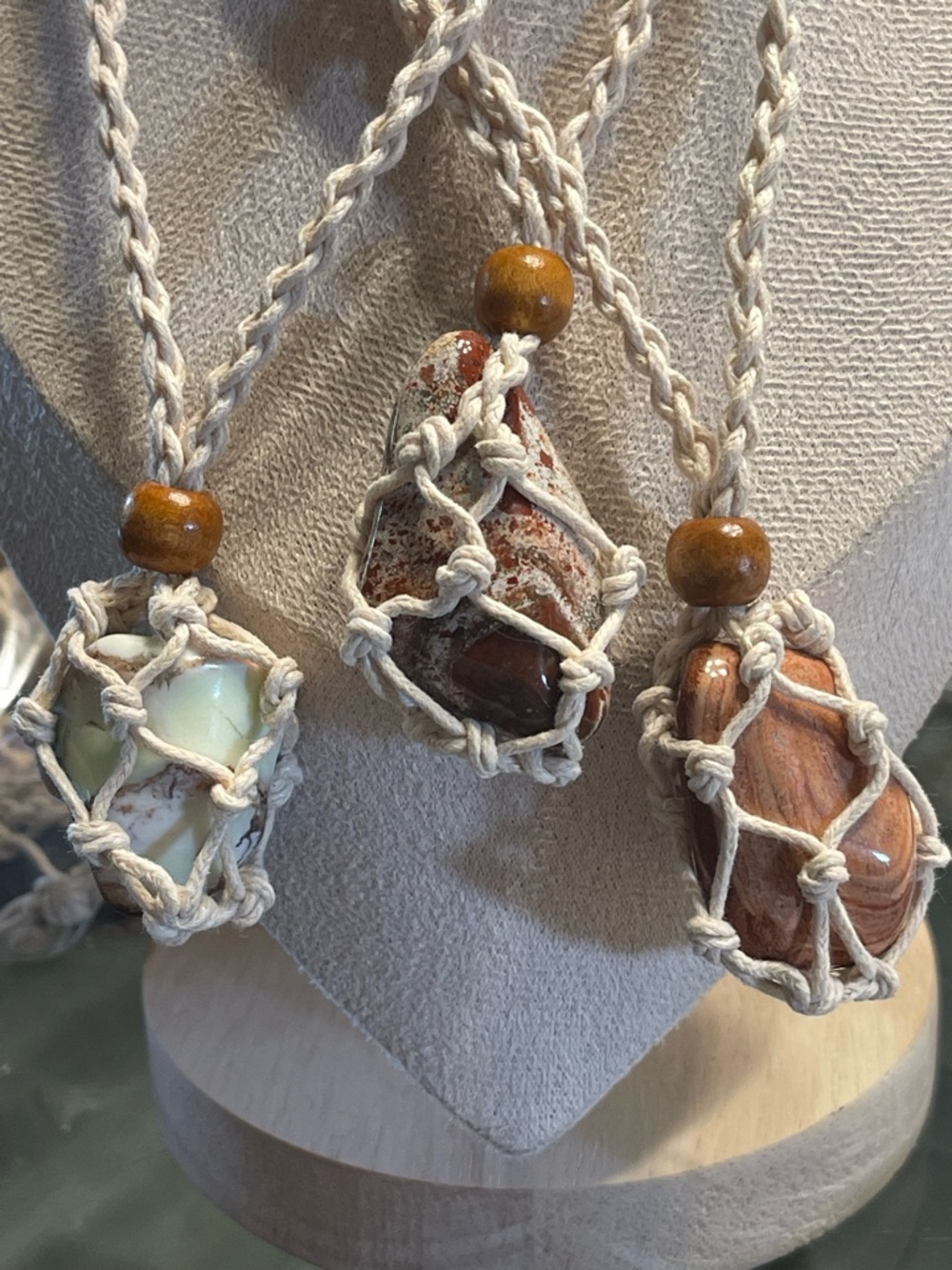 Handmade Beige Macrame Necklace with Natural Stone Pendant